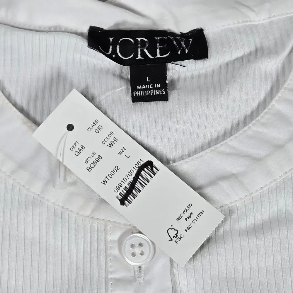 J. Crew Vintage rib puff-sleeve henley top L White BQ896‎